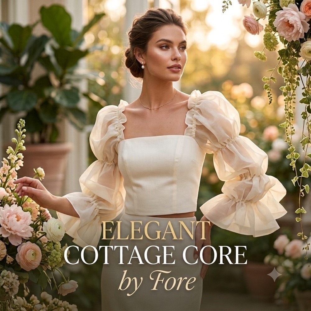 Fore Cottagecore M Puff Long Sleeve Crop Top Square Neck Ruffle Blouse Bohemian